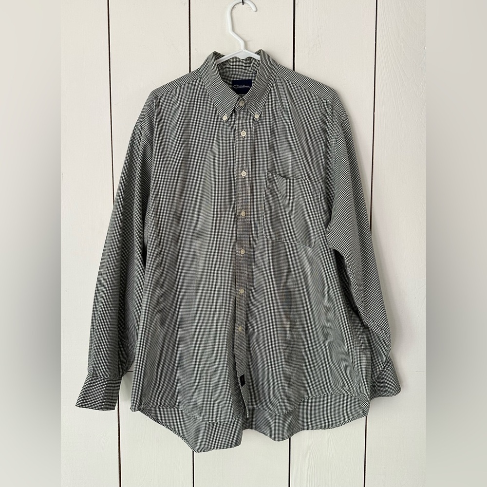 Catalina Men's Check Plaid Button-Up Shirt Sz L Olive Green White Long Sleeve